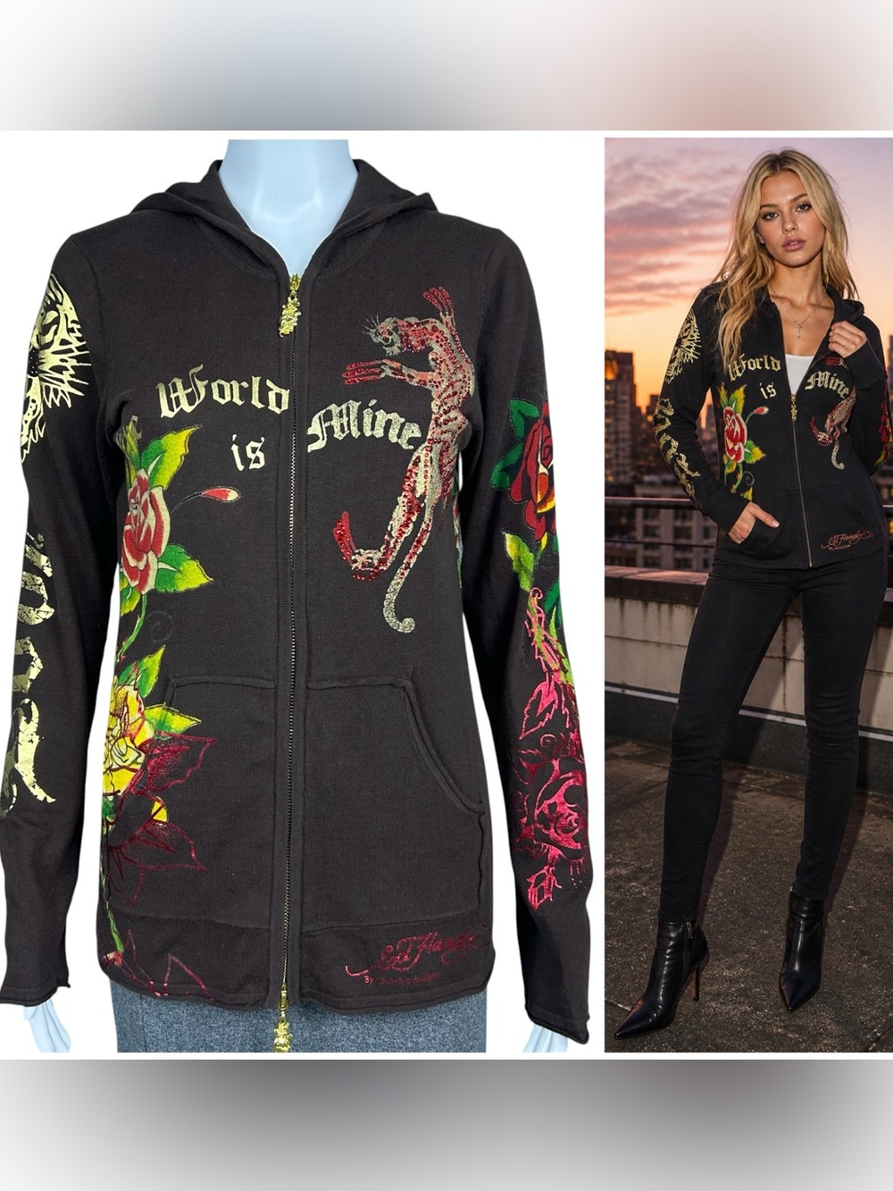 Ed Hardy By Christian Audigier Womens Full Zip Hoodie Size M Y2K Rhinestone Edgy